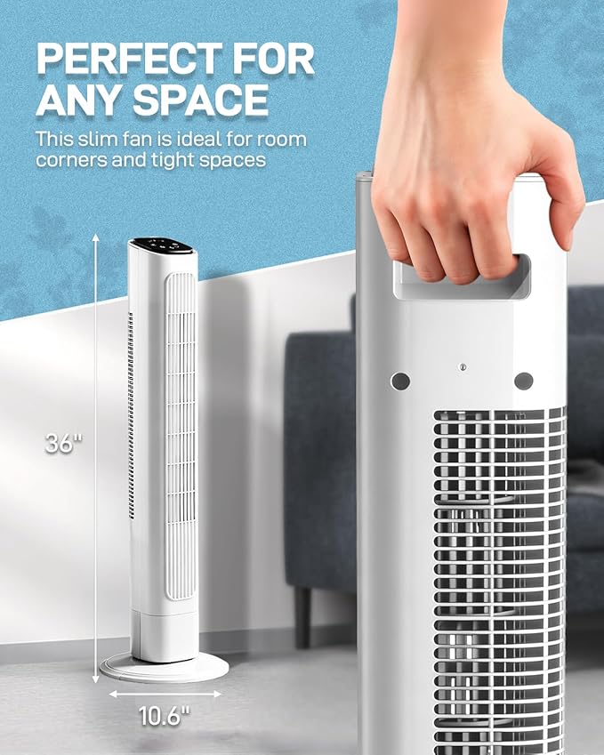 Winado 36" Bladeless Tower Fan, Portable Floor Fan with Remote Control, LED Display, Adjustable 90° Oscillating, 3 Speeds, 3 Modes & 9H Timer, Ultra-Quiet Cooling Fan for Home Office Bedroom, White