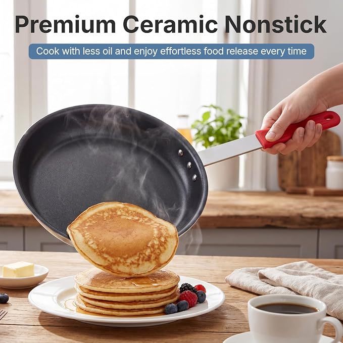 DUMOS 14 Inch Nonstick Frying Pan, Heavy-Gauge Aluminum Skillet with Ceramic Nonstick Coating, Stainless Steel Base & Handle, Omelet Pan for Induction, Electric, Gas, PFAS Free, Oven Safe, Red Handle
