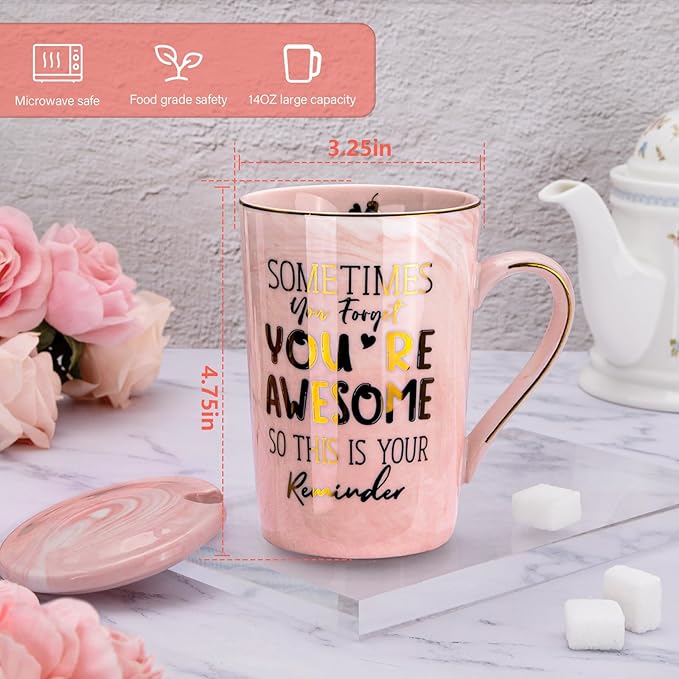 Birthday Thank You Gifts for Women, Sometimes You Forget You're Awesome Coffee Mug, Inspirational Christmas Gift for Her, Boss Lady Employee Coworker, 14oz Pink Marble Gold Print Cup, Nice Gift Boxed
