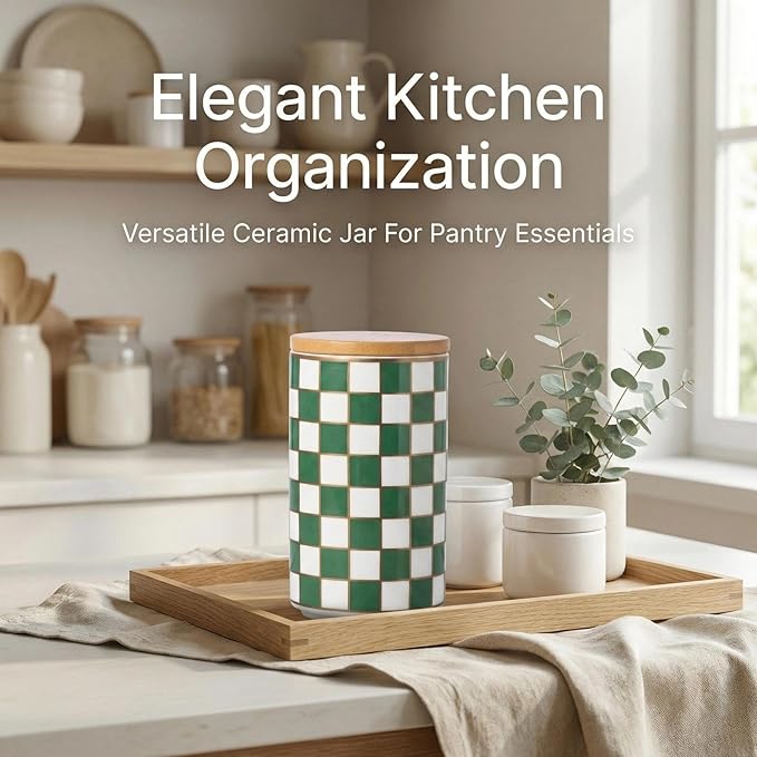 1 Piece Ceramic Coffee Canister, Airtight Coffee Container with Lid for Kitchen Storage (15.8x9cm, Green Checkered)