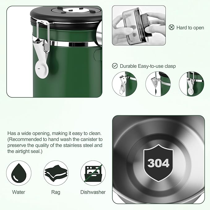 ShanSon Coffee Canister Airtight Coffee Container Stainless Steel Coffee Bean Storage Container with Scoop Coffee Canister for Beans Grounds Sugar Flour Tea Cereal,22OZ, Dark Green