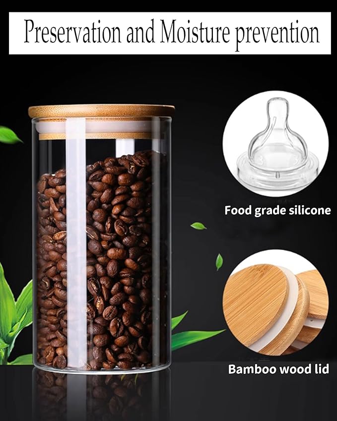 Glass Jars with Bamboo Lids 36OZ [Set of 6], Canisters with Airtight Lids, Glass Food Storage Containers for Coffee, Sugar,Tea, Candies, Cookies,Best for Kitchen & Pantry