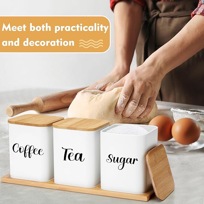 Tioncy Coffee Tea Sugar Container with Tray Set of 3 Airtight Metal Canister with Bamboo Lid Tray for Kitchen Counter Dining Room Farm House Kitchen Style Drink Station Organizer Set(White)
