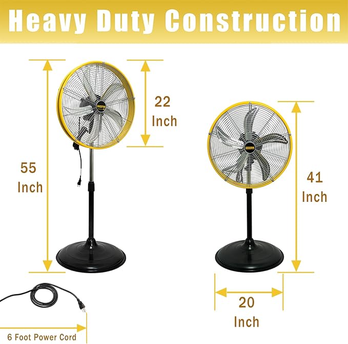 HiCFM 5000 CFM 20 inch High Velocity Pedestal Oscillating Fan, Powerful 1/5 HP Motor, 6FT Power Cord and Oscillation Standing Fan for Commercial or Industrial - UL Safety Listed, 2 Pack