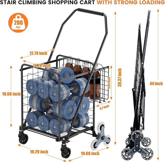 [Upgrade] Shopping Cart for Groceries, 280 LBS Large Grocery Cart with Waterproof Liner, 360° Rolling Swivel Wheels, Heavy Duty Utility Cart Folding Shopping Carts for Laundry Luggage Gift