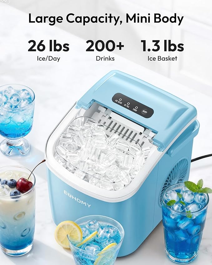 EUHOMY Countertop Ice Maker Machine with Handle, 26lbs Per Day, 9 Ice Cubes Ready in 6 Mins, Auto-Cleaning Portable Ice Maker with Basket and Scoop, for Home/Kitchen/Camping/RV (Blue)
