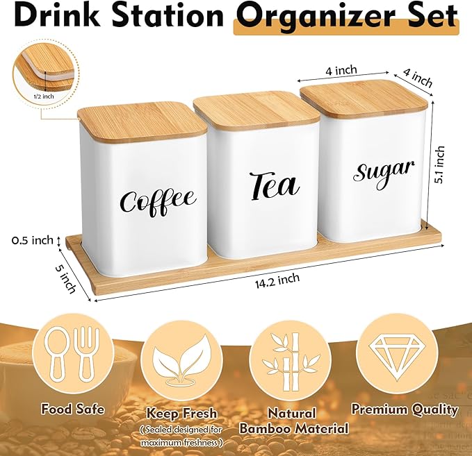 Tioncy Coffee Tea Sugar Container with Tray Set of 3 Airtight Metal Canister with Bamboo Lid Tray for Kitchen Counter Dining Room Farm House Kitchen Style Drink Station Organizer Set(White)