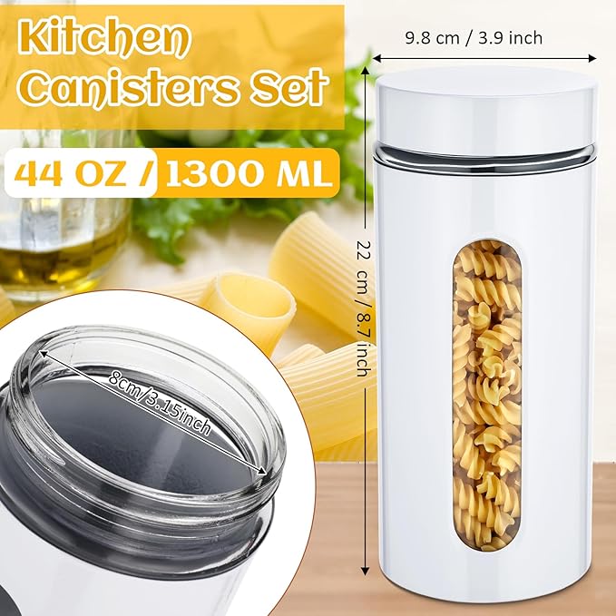 Mimorou 6 Pack Kitchen Canisters Set Airtight Coffee Sugar Tea Storage Jars with Window Glass Stainless Steel Containers with Lids for Flour Cookies Spices Grains Kitchen Decorations(White,44 oz)