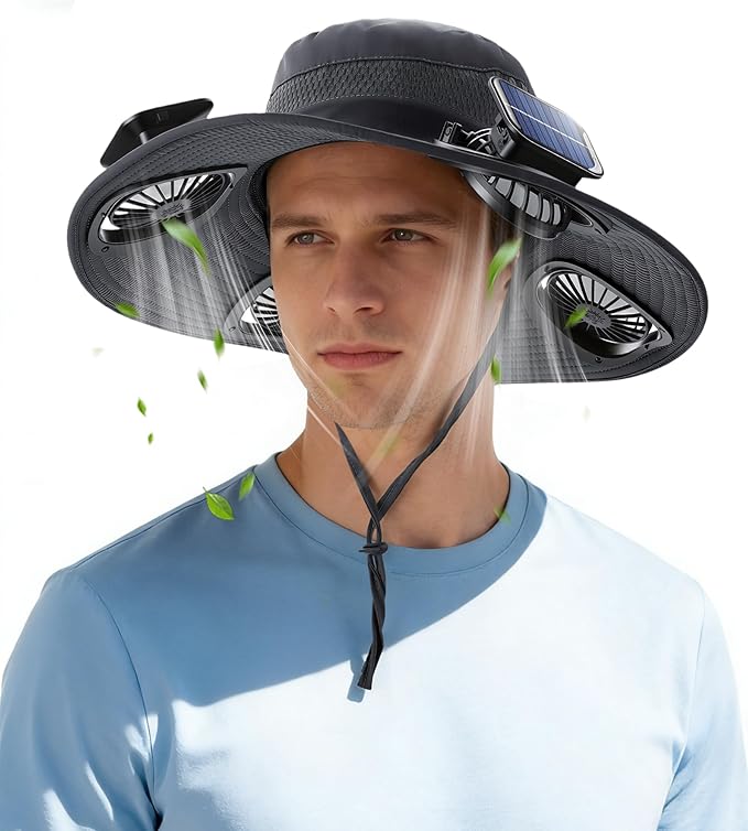 Solar Fan Hat with 4 Removable Fans, Wide Brim Fishing Hat for Men Women, USB Charging, Sun Hat for Outdoor Hiking, Gardening, Fishing Grey