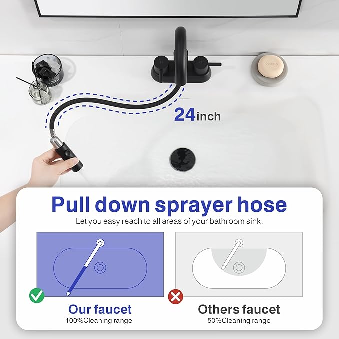 Kablle Bathroom Faucet with Pull Down Sprayer 3 Holes, Matte Black 4 inch 2 Handles Centerset Laundry Bar Basin Pull Out Bathroom Sink Faucet with Pop-Up Drain, KBL-6002B