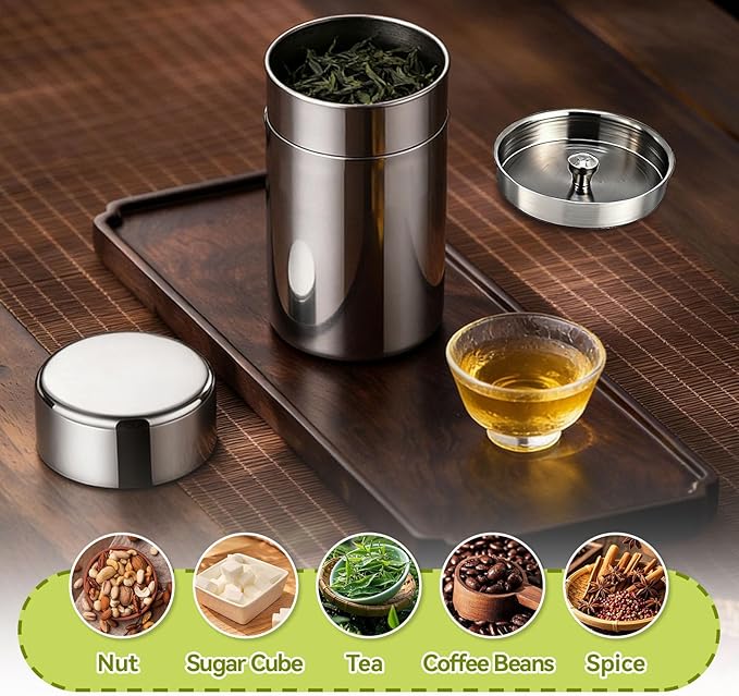 Stainless Steel Tea Canister, 550ml Double Seal Tea Tin Canister Airtight Canister Storage Container with Double Lids, for Tea Coffee Sugar Seasoning Storage