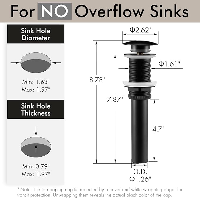 KES Bathroom Sink Drain Without Overflow Vessel Sink Lavatory Vanity Pop Up Drain Stopper Matte Black for 1.6"-1.9" Sink Hole, All Metal Rustproof Brass and 304 Stainless Steel, S2008D-BK