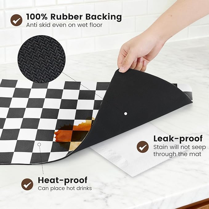 16" x 24" Checkered Dish Drying Mat for Kitchen Counter, Absorbent Coffee Bar Mat for Espresso Machine Coffee Countertops Accessories, Black