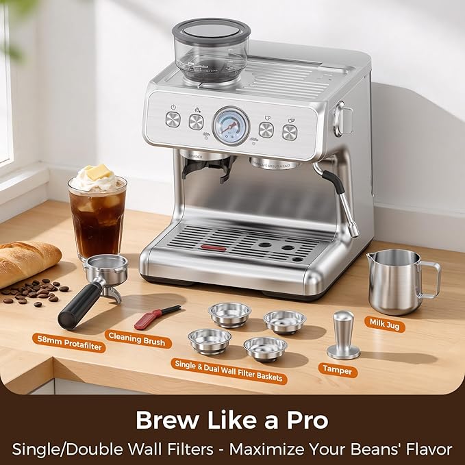 Espresso Machine with Grinder, 20 Bar Expresso Coffee Machines, Professional Coffee Maker for Latte & Cappuccino with Milk Frother, Expresso Machines for Home, Removable Water Tank, Steam Wand-Silver
