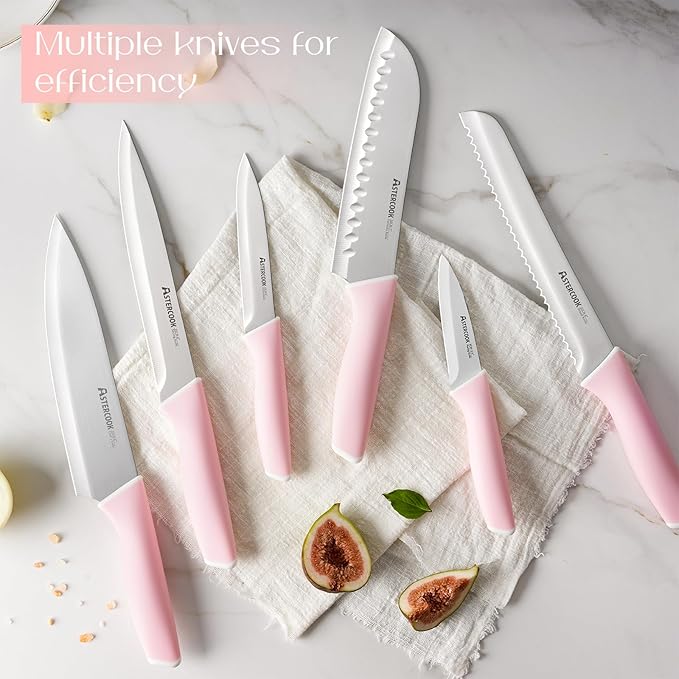 Astercook Knife Set, Kitchen Knives Set with Block and Sharpener 15 Pcs German Stainless Steel Knives Sharp Blade Dishwasher Safe Deba Knives with Ergonomic Handle, Crystal Pink Mothers Day Gifts