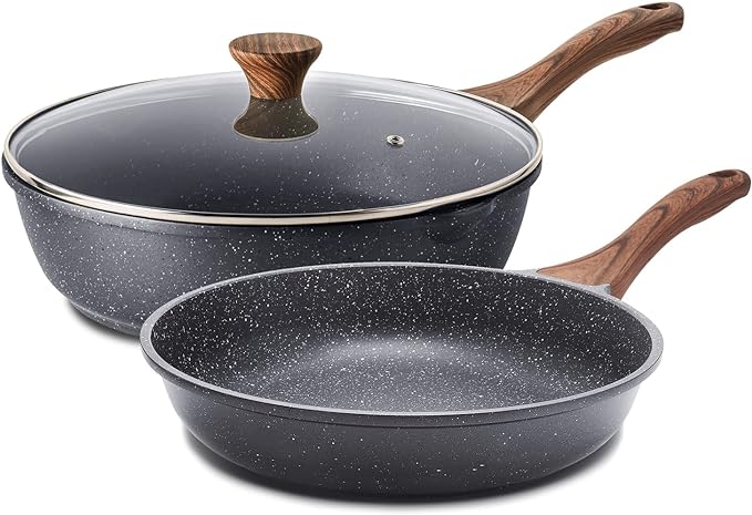 SENSARTE Nonstick Frying Pans, Grey(9.5 Inch Frying Pan and 5QT Saute Pan) | Swiss Granite Coating, Free of PFOA&PFOS, Compatible with All Stoves Including Induction Cooktops, Easy to Clean