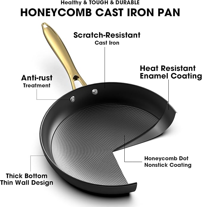 imarku Cast Iron Skillets, 8 & 12 Inch Non Stick Frying Pans with Honeycomb Texture, Oven & Dishwasher Safe Pan, Gold Stay-Cool Handle, Ideal Gift for women