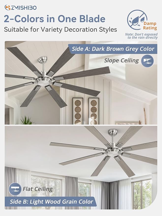 72 Inch Brushed Nickel Modern Ceiling Fan No Light with Remote, Outdoor Ceiling Fans Without Light with Quiet Reversible DC Motor, 6 Speeds, 8 Blades Large Ceiling Fan for Patios, Living Room, Garage