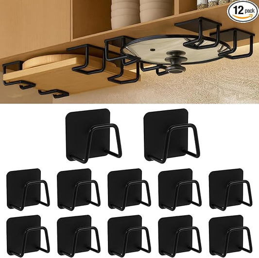 Under Cabinet Cutting Board Holder – 12 Pack Pot Lid & Chopping Board Organizer Rack, Stainless Steel Adhesive Storage for Kitchen Cabinets & Counter, No Drilling Required (Black)