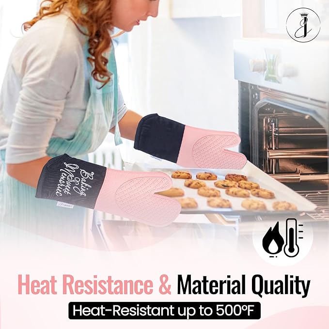 Mitts - Long Slip Resistant Pot Holders - Silicone Oven Mitts - Baking Gloves for Oven - Perfect for Baking, BBQ, Cooking, and Grilling, Oven Mitts Set of 2, 7''x13'' (Pink)
