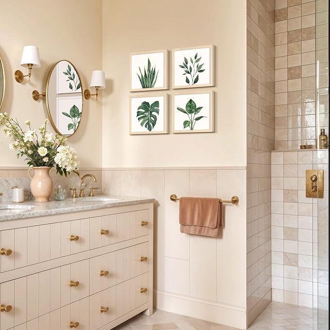 ArtbyHannah Framed Bathroom Wall Art Decor, 10x10 Inch 4 Pack Botanical Gallery Wall Frame Set Modern Farmhouse Sage Green Prints Artwork for Spa, Restroom, Bedroom, Office Decoration (Beige)