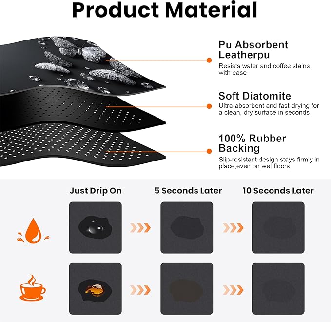 Coffee Mat 17"x32" - Extra Large Absorbent Non Slip Dish Drying Mat,Coffee Bar Accessories,Kitchen Counter Protector for Coffeemaker, Sink, Dining Decor