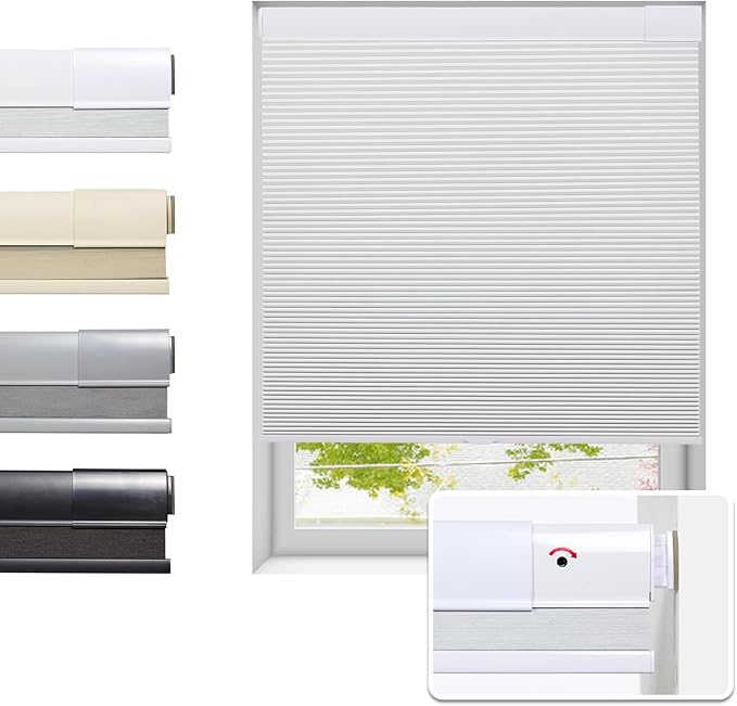 Tonature No Drill Cellular Shades for Indoor Windows, Thermal Insulating & Noise Reducing Honeycomb Blinds, Free Stop Cordless Blackout Shades, White,65 1/2" W x 64" H