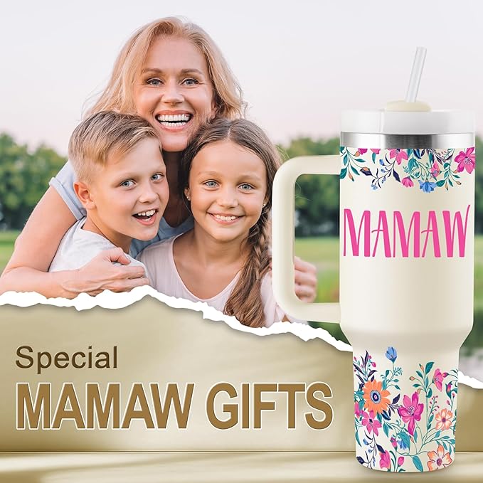ROSTANTEN Mamaw Gifts Mamaw Mothers Day Gifts for Mamaw 40oz Travel Cup Insulated Tumbler with Lid & Straw
