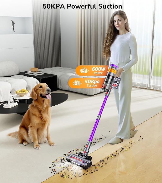 Cordless Vacuum Cleaner, 600W 50Kpa 70 Mins Cordless Stick Vacuum, Self-Standing Wireless Vacuum with Touch Screen, Anti-Tangle Rechargeable Vacuum Cleaners for Home/Pet Hair/Carpet