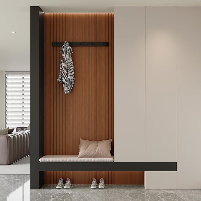 Yutianli PVC Slat Wall Panel Peel and Stick 118"x 15.7" Faux Wood Slat Panel Artificial Walnut Wood Grain Self-Adhesive Soundproof 3D Wall Panel for Walls and Ceilings