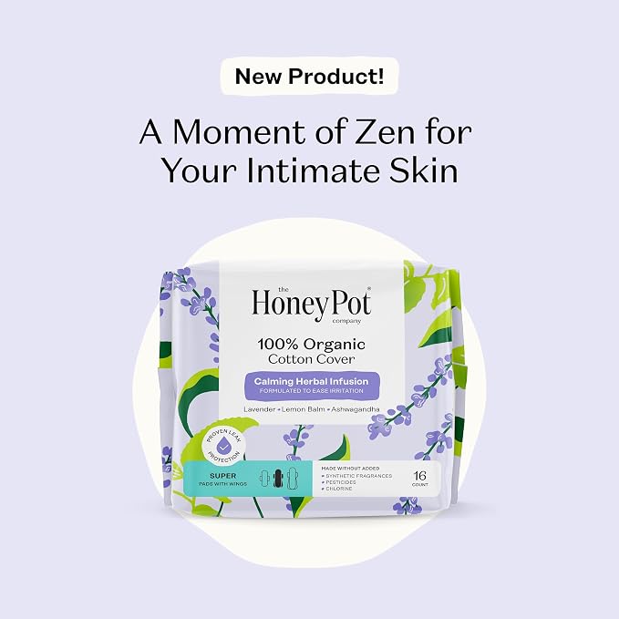 The Honey Pot Company - Calming - Super - Pads for Women | 100% Organic Cotton Cover - Calming Herbs of Lavender, Ashwagandha, & Lemon Balm - Pads w/Wings - Feminine Care - 16ct