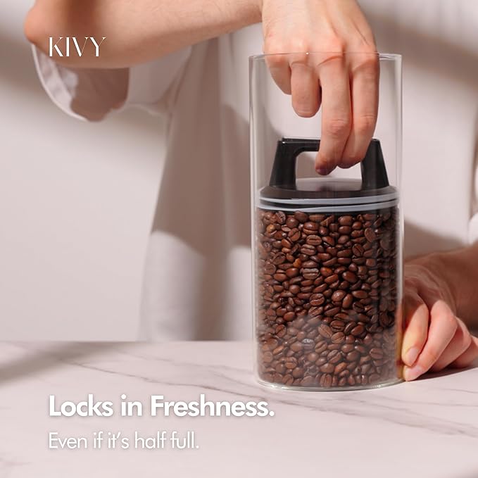 KIVY Vacuum Coffee Canister - Push Lid Preserves Coffee Aroma & Oil - Stainless Steel Airtight Coffee Canister - Container for Ground & Coffee Bean Storage - Coffee Storage Jar - Removes Excess Air