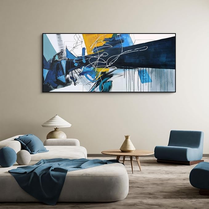 KLAKLA Wall Art for Living Room - Blue Abstract Canvas Pictures Framed Artwork for walls Extra Large Prints for Bedroom Above the Bed Decor 8x39 Inches