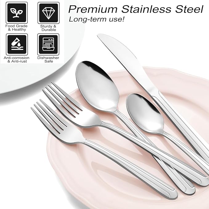 Pleafind 72-Pieces Silverware Set for 12, Flatware Set with Steak Knives, Stainless Steel Cutlery Set, Include Forks Spoons and Knives Set, Dishwasher Safe Utensil Sets for Home Restaurant