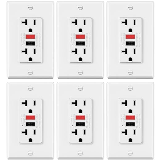 ELECTECK 6 Pack GFCI Outlets 20 Amp, Non-Tamper Resistant, Decor GFI Receptacles with LED Indicator, Ground Fault Circuit Interrupter, Wallplate Included, ETL Listed, Red/Black Button