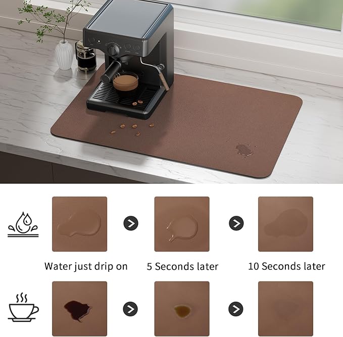 Ecotrim Absorbent Coffee Mat , Stain Hiding PU Leather Surface, Non-Slip Natural Rubber Backing, Quick Dry Mat for Espresso Machine, Kitchen Counter ,Brown | 16" x 24"