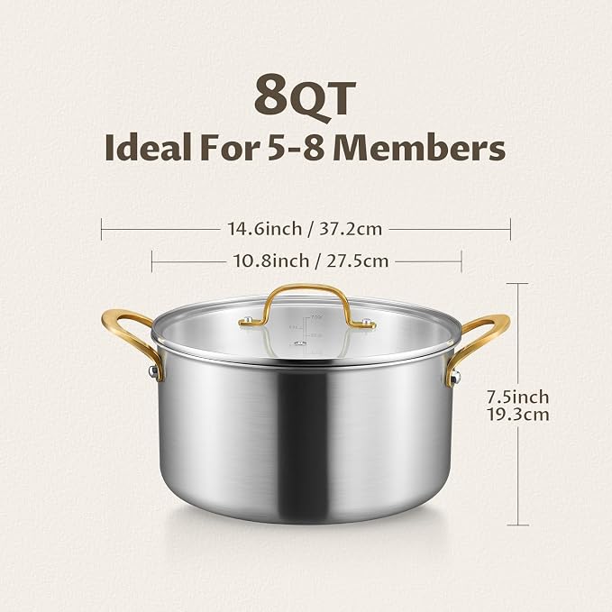 BEZIA 8 QT Stock Pot with Lid, Full Clad 3-Ply Stainless Steel Cooking Pot | Uncoated & Built to Last Induction Pot, for Whole Chicken & Bone Broth, Mess-Free Deep Frying and Spaghetti Marinara Sauce