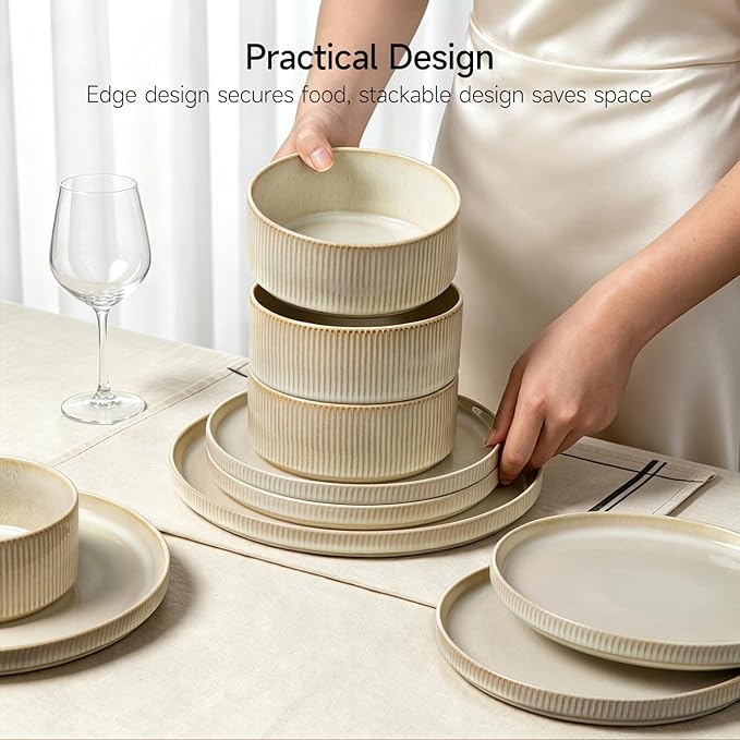 Stoneware Dinnerware Sets, Plates and Bowls Sets for 4, 12-Piece Ribbed Dishes – Chip & Scratch Resistant, Microwave and Dishwasher Safe Tableware, Beige