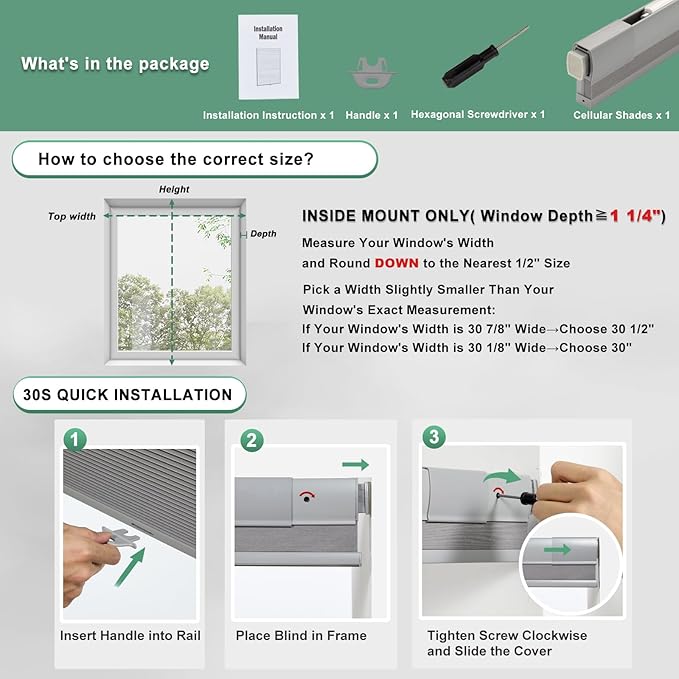 Tonature No Drill Cellular Shades for Indoor Windows, Thermal Insulating & Noise Reducing Honeycomb Blinds, Free Stop Cordless Blackout Shades, Grey,66 1/2" W x 64" H