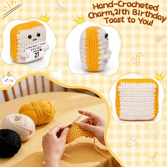 Finally 21 - Funny 21st Birthday Gift for Her Him - Crochet Toast with 'RlP Fake ID' Gag Message - Unique Adult Birthday Decor & Keepsake for Daughter, Son, Friend, Sister female Male From Mom Dad