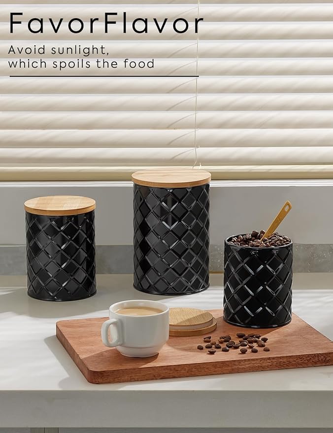 FavorFlavor Kitchen Storage Containers for Countertop Set of 6,Food Containers with Airtight Lids,Flour and Sugar Storage Containers,Black Canister Set for Coffee and Tea,Farmhouse Kitchen Decor