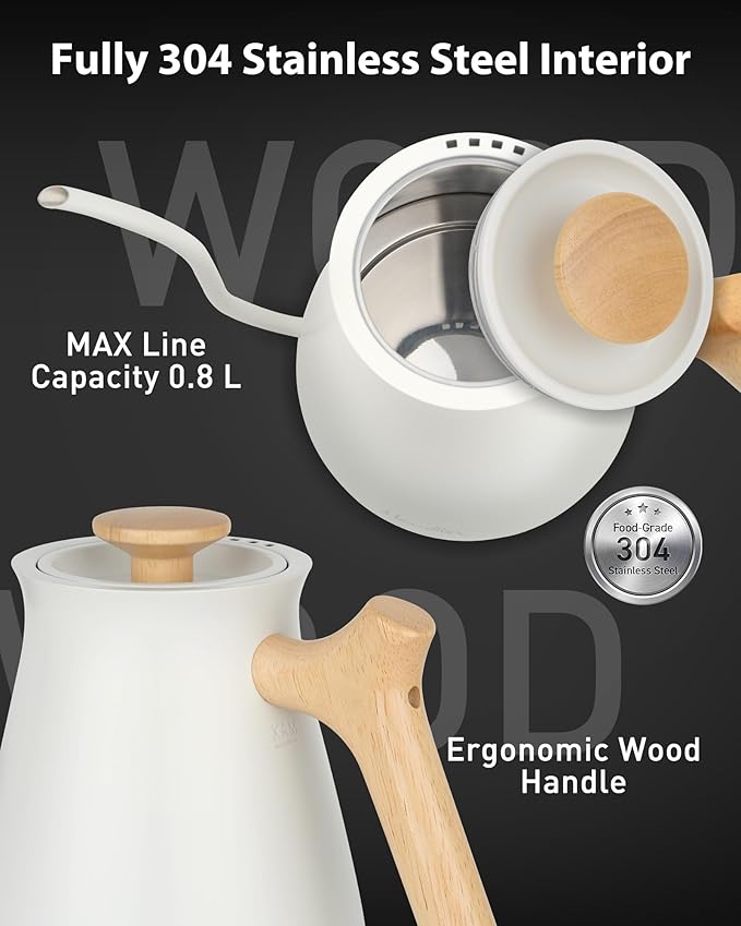 Harriet Gooseneck Electric Kettle 1200W Fast Heat, 0.8L Stainless Steel, Precision Temp Control & Timer, Wood Handle