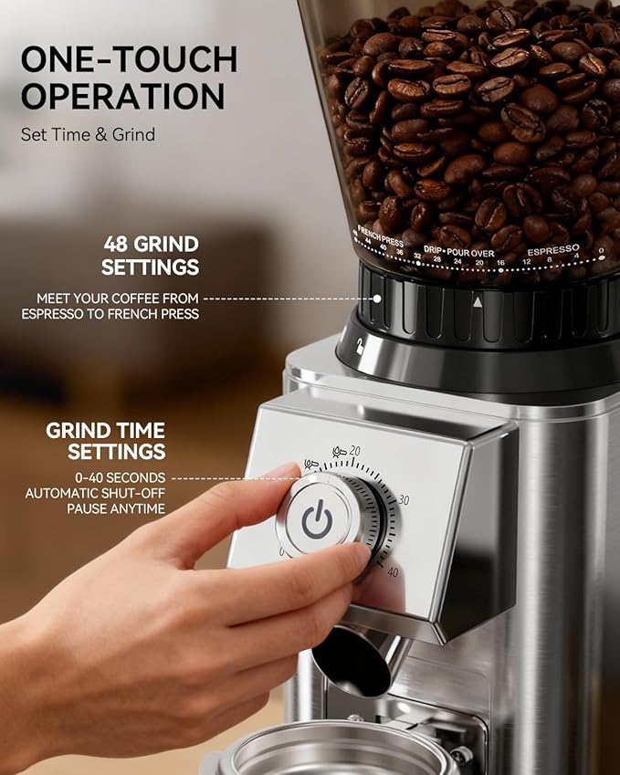 IAGREEA Conical Burr Coffee Grinder, 48 Grind Settings, 450RPM Low-Speed Anti-Static, Precision Timer, Portafilter Holder for Espresso, Drip, French Press, Cold Brew, Stainless Steel