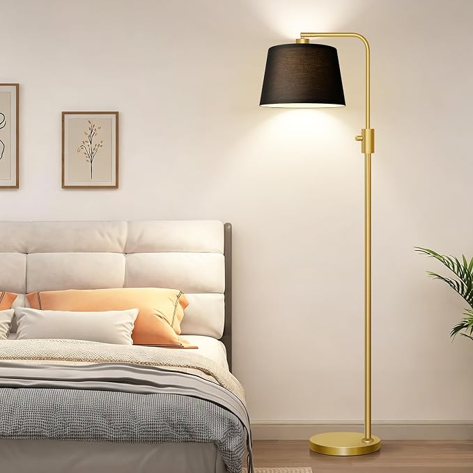 Nintiue Dimmable Gold Floor Lamp, 1000 LM LED Edison Bulb Included, Arc Floor Lamps for Living Room with Black Shade, Modern Standing Lamp Tall Lamps for Living Room Bedroom