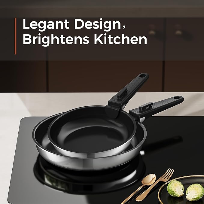 16pcs Nonstick Cookware Set, Diamond-Titanium Ceramic Coating & 3 Layer Stainless Steel Pots and Pans Set with Detachable Handle, Dishwasher Safe, Induction Compatible, Oven Safe, Black
