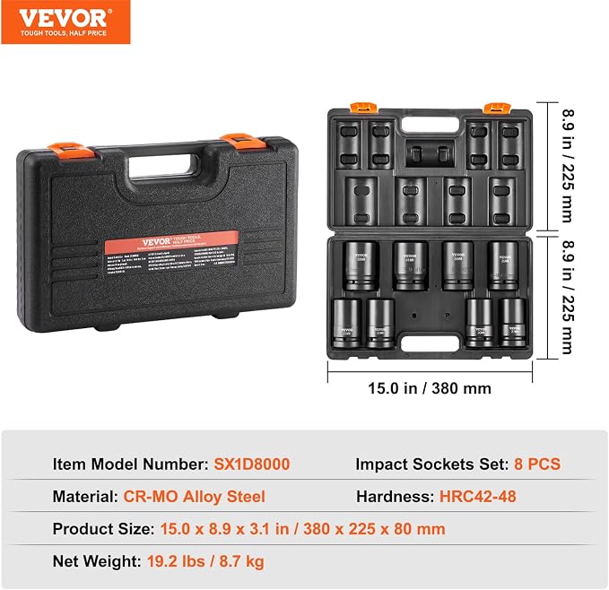 VEVOR 1" Drive Impact Socket Set, 8 Piece Deep Socket Set Metric 27-41mm, 6 Point Cr-Mo Alloy Steel for Auto Repair, Easy-to-Read Size Markings, Rugged Construction, Includes Storage Case