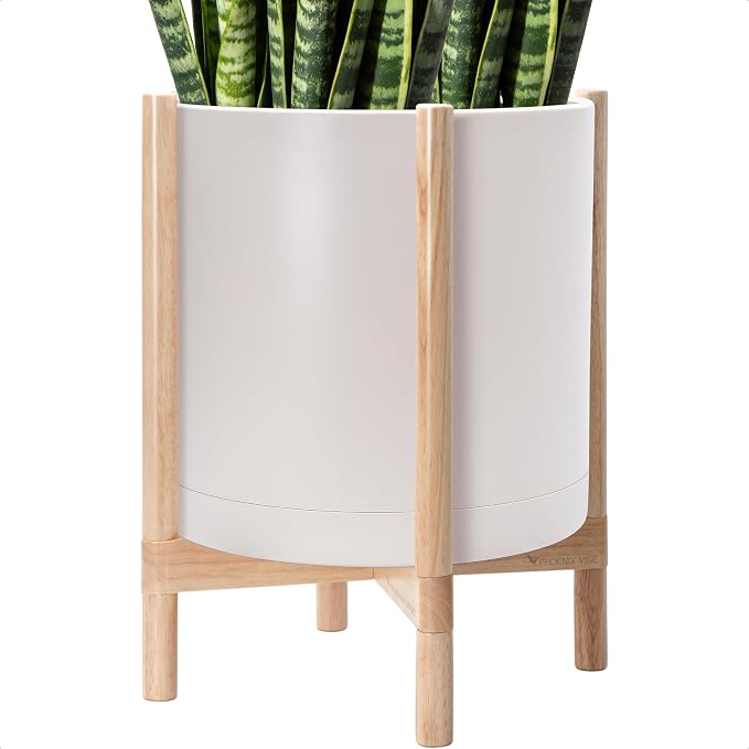 D'vine Dev Plastic Pot with Natural Wood Stand, Oatmeal, 16 in, 55-C-Y-4 | Mid-Century Inspired Design, Elevated Plant Display, Clean Lines, Sturdy Support, Modern Space-Saving Style
