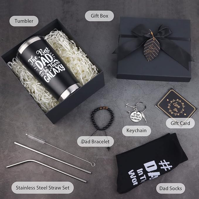 Dad Gifts, 8PCS Fathers Day Gift Includes 20oz Tumbler with Lid Straw Brush Socks Bracelet Key Chain Thanks Card Gift Box, Best Dad Ever Gifts from Daughter Son Kids for Christmas Birthday