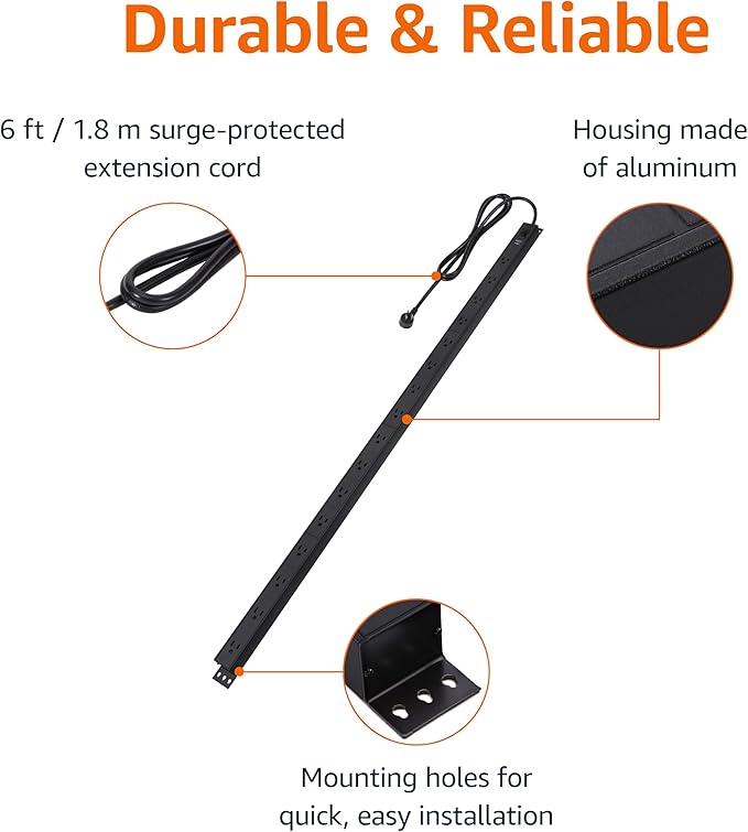 Amazon Basics Surge Protector Power Strip, 16-Outlet, Heavy Duty, Metal, 600 Joules, 6ft Extension Cord, Wide Spaced, Mountable, Black