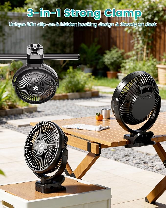 40000mAh Clip on Fan, 2-in-1 Portable Rechargeable Fan - 8 Inch USB Battery Operated Fans with Light & Screw-Clamp for Golf Cart, Desk, Tent, Travel, Gym, Treadmill, Summer Gifts, Black
